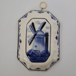 vintage Delft blue ceramic Windmill Octagonal wall hanging